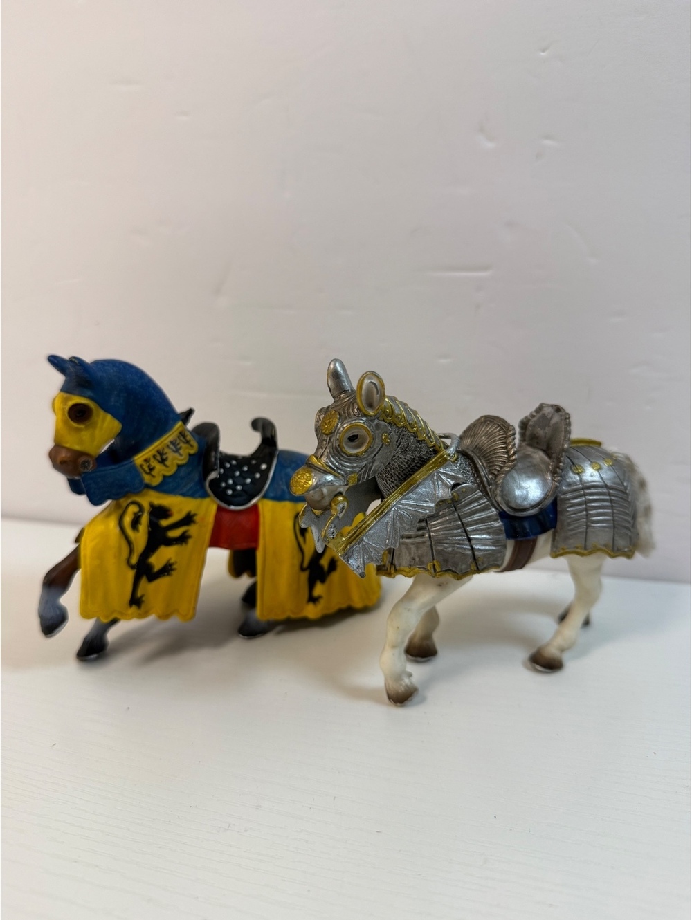 Two 2003 Schleich Medieval Knight Horse Figurines with Armor and Heraldic Capes